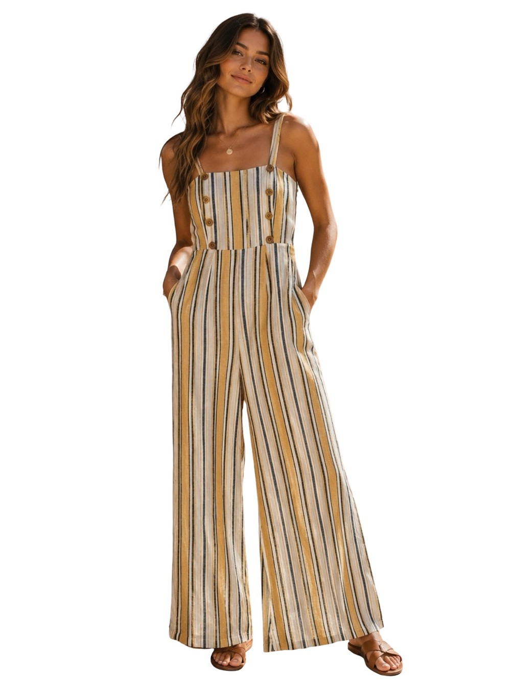 F21 earthy Mustard Striped Linen Blend Wide Leg Jumpsuit Boho Mediterranean NWT